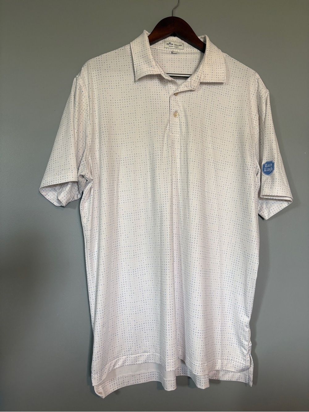Peter Millar Light White Polo Golf with Micro Alphabet Design | L | Perfomance